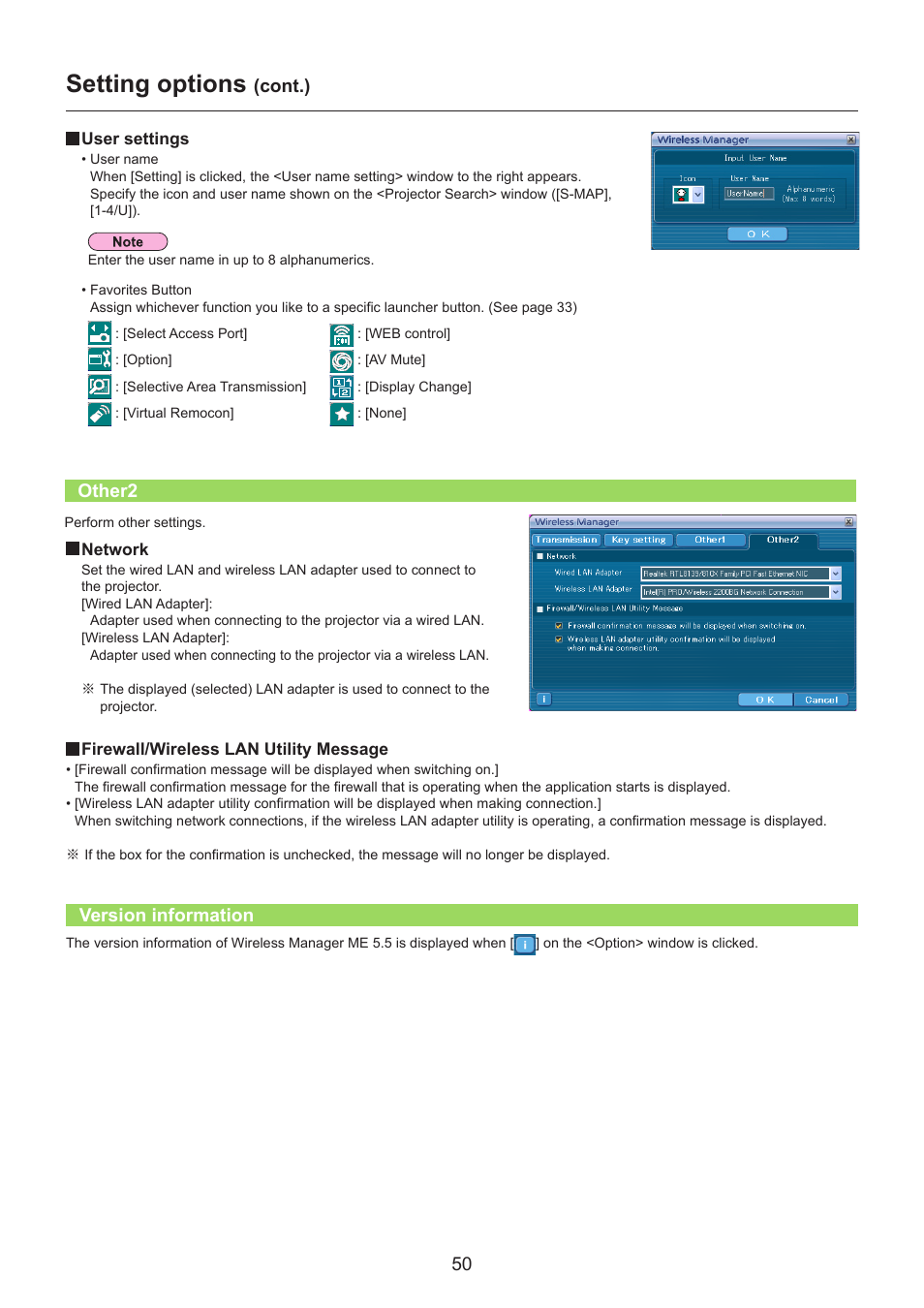 Other2, Version information, Other2 …………………………………………………………… 50 | Version information ……………………………………………… 50, Setting options, Cont.) | Panasonic TH-LB30NT User Manual | Page 50 / 79