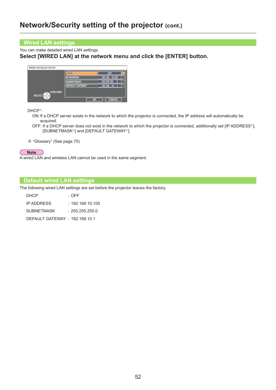 Wired lan settings, Default wired lan settings, Wired lan settings ……………………………………………… 52 | Default wired lan settings ……………………………………… 52, Network/security setting of the projector, Cont.) | Panasonic TH-LB30NT User Manual | Page 52 / 79