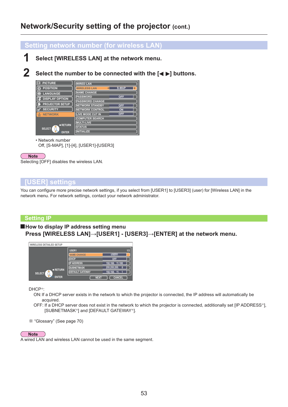 Setting network number (for wireless lan), User] settings, Setting ip | User] settings …………………………………………………… 53, Setting ip ………………………………………………………… 53, Network/security setting of the projector, 53 select [wireless lan] at the network menu, Cont.), How to display ip address setting menu | Panasonic TH-LB30NT User Manual | Page 53 / 79