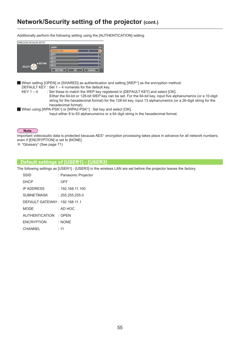 Default settings of [user1] - [user3, Default settings of [user1] - [user3]………………………… 55, To 55 | Network/security setting of the projector, Cont.) | Panasonic TH-LB30NT User Manual | Page 55 / 79