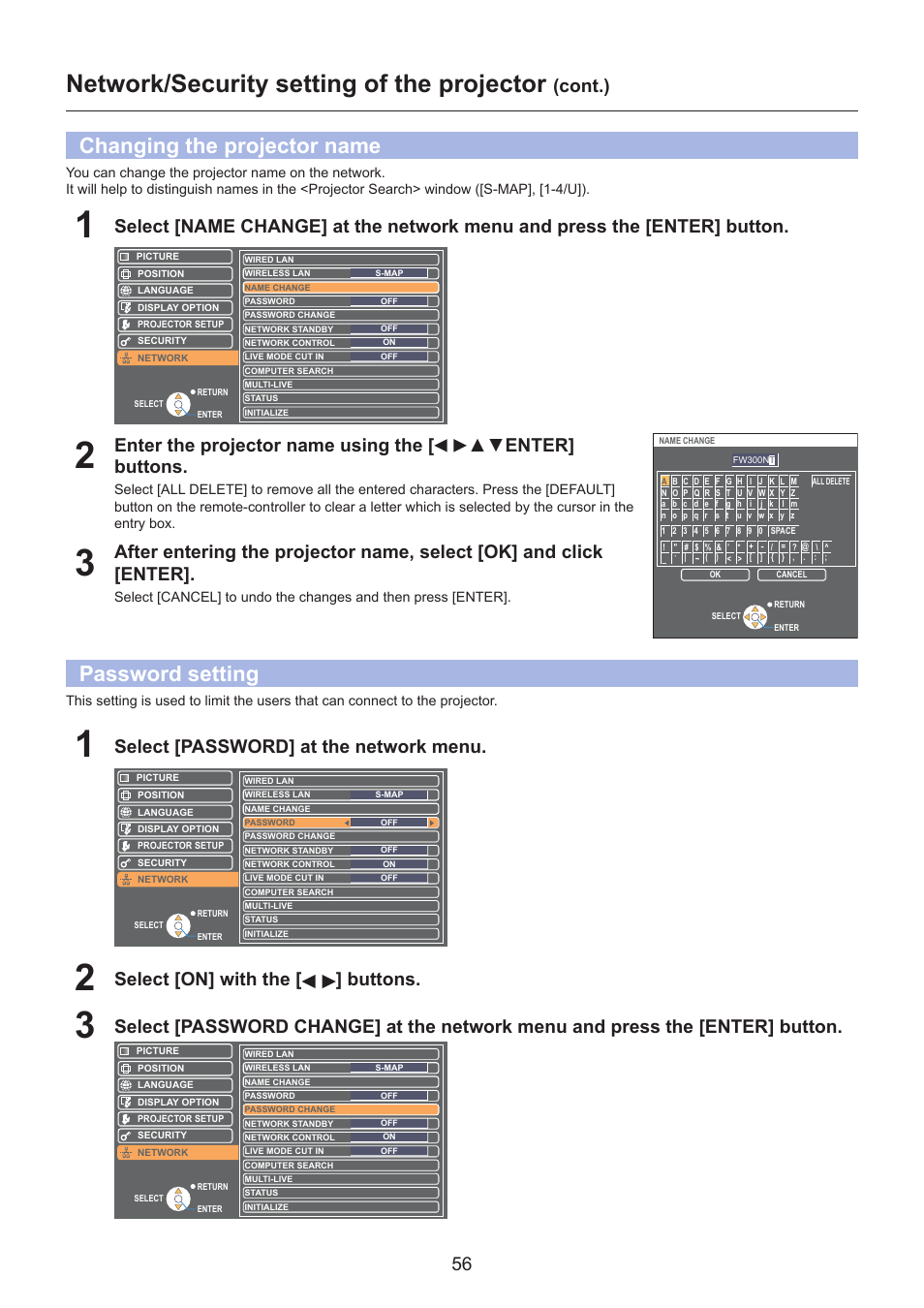 Changing the projector name, Password setting, Changing the projector name …………………………………… 56 | Password setting ………………………………………………… 56, Network/security setting of the projector, Cont.), Select [password] at the network menu, Select [on] with the [ ] buttons | Panasonic TH-LB30NT User Manual | Page 56 / 79
