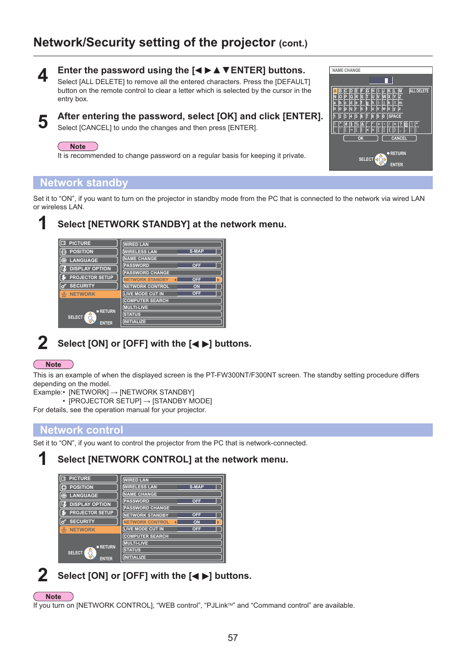Network standby, Network control, Network standby ………………………………………………… 57 | Network control …………………………………………………… 57, Network/security setting of the projector, 57 enter the password using the [ ▲▼enter] buttons, Cont.), Select [network standby] at the network menu, Select [on] or [off] with the [ ] buttons, Select [network control] at the network menu | Panasonic TH-LB30NT User Manual | Page 57 / 79