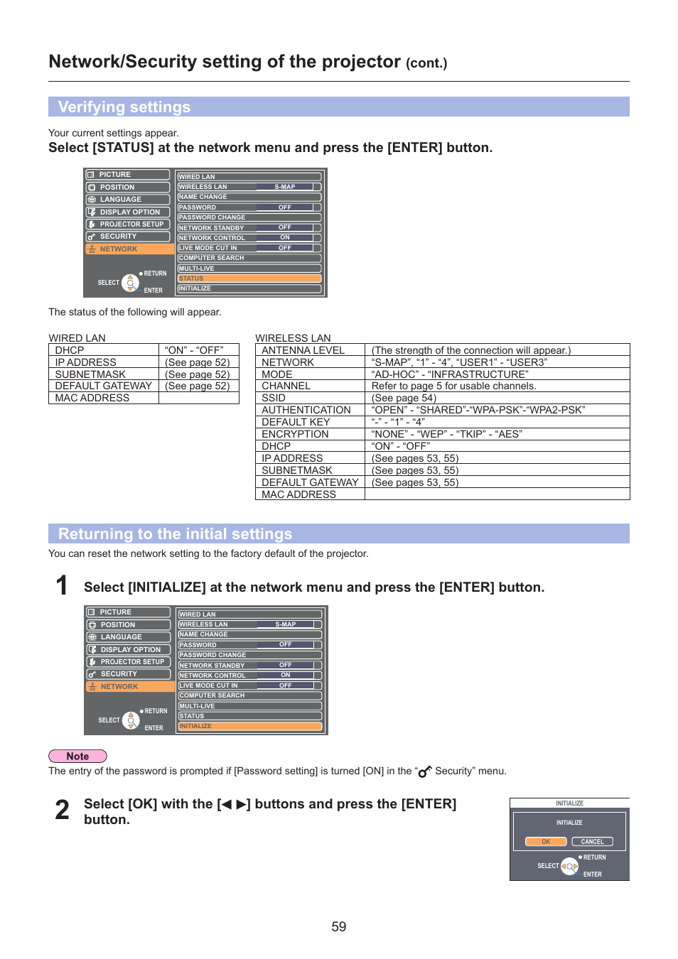 Verifying settings, Returning to the initial settings, Verifying settings ………………………………………………… 59 | Returning to the initial settings ………………………………… 59, Network/security setting of the projector, Cont.) | Panasonic TH-LB30NT User Manual | Page 59 / 79