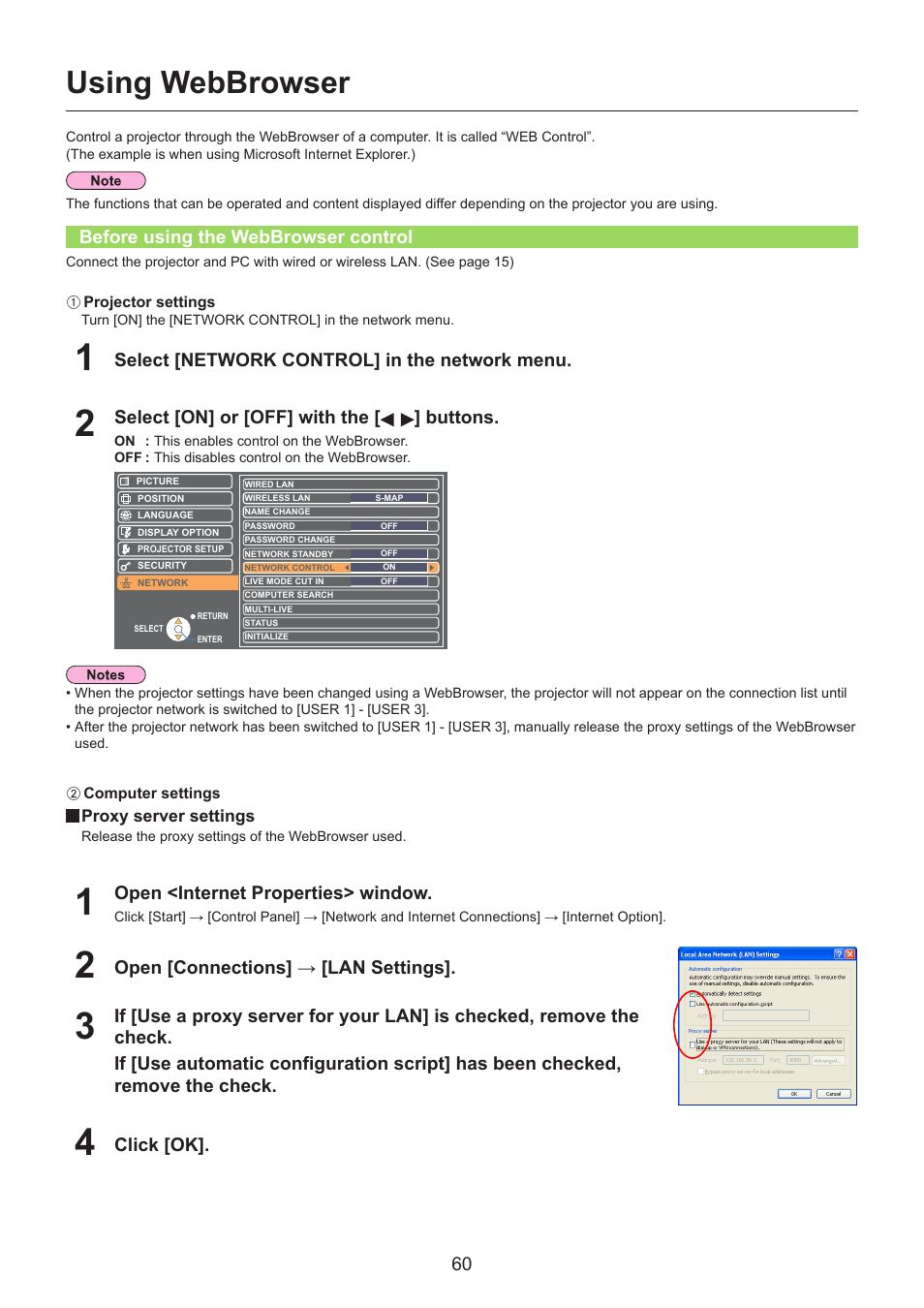 Using webbrowser, Before using the webbrowser control, Using webbrowser ………………………………… 60 | Before using the webbrowser control ………………………… 60, Select [network control] in the network menu, Select [on] or [off] with the [ ] buttons, Open <internet properties> window, Open [connections] → [lan settings, Click [ok | Panasonic TH-LB30NT User Manual | Page 60 / 79
