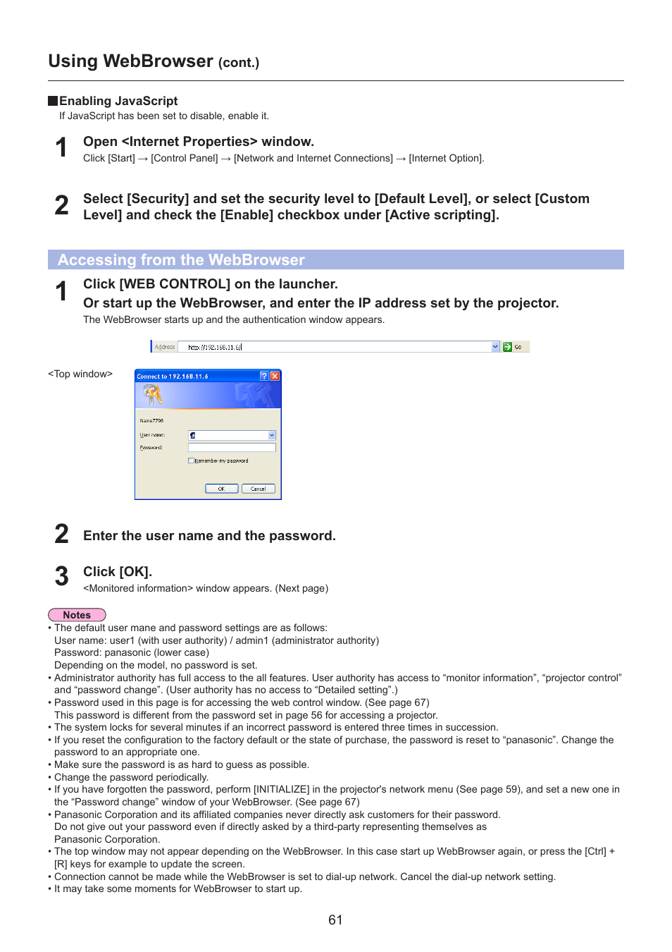 Accessing from the webbrowser, Accessing from the webbrowser ……………………………… 61, Using webbrowser | Panasonic TH-LB30NT User Manual | Page 61 / 79