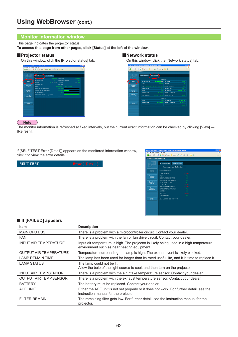 Monitor information window, Monitor information window …………………………………… 62, Using webbrowser | Cont.) | Panasonic TH-LB30NT User Manual | Page 62 / 79