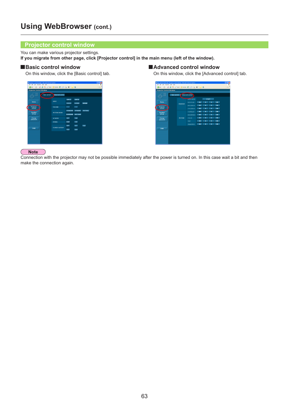 Projector control window, Projector control window ………………………………………… 63, Using webbrowser | Panasonic TH-LB30NT User Manual | Page 63 / 79