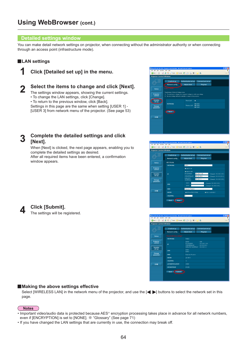 Detailed settings window, Detailed settings window ……………………………………… 64, Using webbrowser | Panasonic TH-LB30NT User Manual | Page 64 / 79