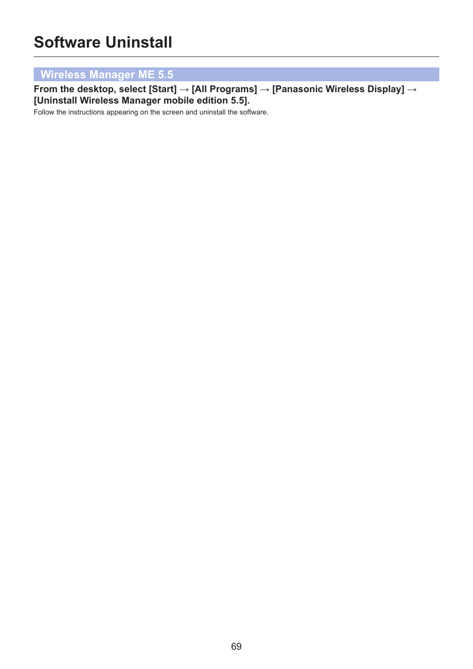 Software uninstall, Wireless manager me 5.5, Software uninstall …………………………………… 69 | Wireless manager me 5.5 ………………………………………… 69 | Panasonic TH-LB30NT User Manual | Page 69 / 79
