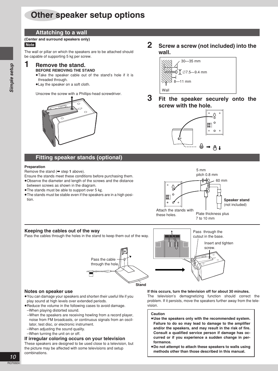 Other speaker setup options, Screw a screw (not included) into the wall, Remove the stand | Panasonic SC-DT310  EN User Manual | Page 10 / 40