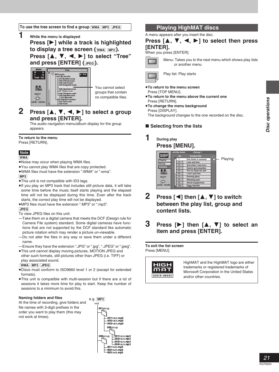 Playing highmat discs, Press [menu, Disc operations | Selecting from the lists | Panasonic SC-DT310  EN User Manual | Page 21 / 40