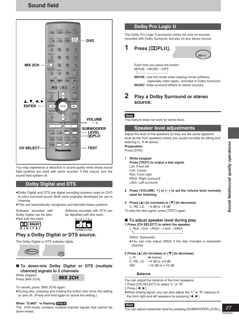 Sound field, Dolby digital and dts, Play a dolby digital or dts source | Dolby pro logic ii, Press [ î plii, Play a dolby surround or stereo source, Speaker level adjustments, Mix 2ch, Sound field/sound quality operations | Panasonic SC-DT310  EN User Manual | Page 27 / 40