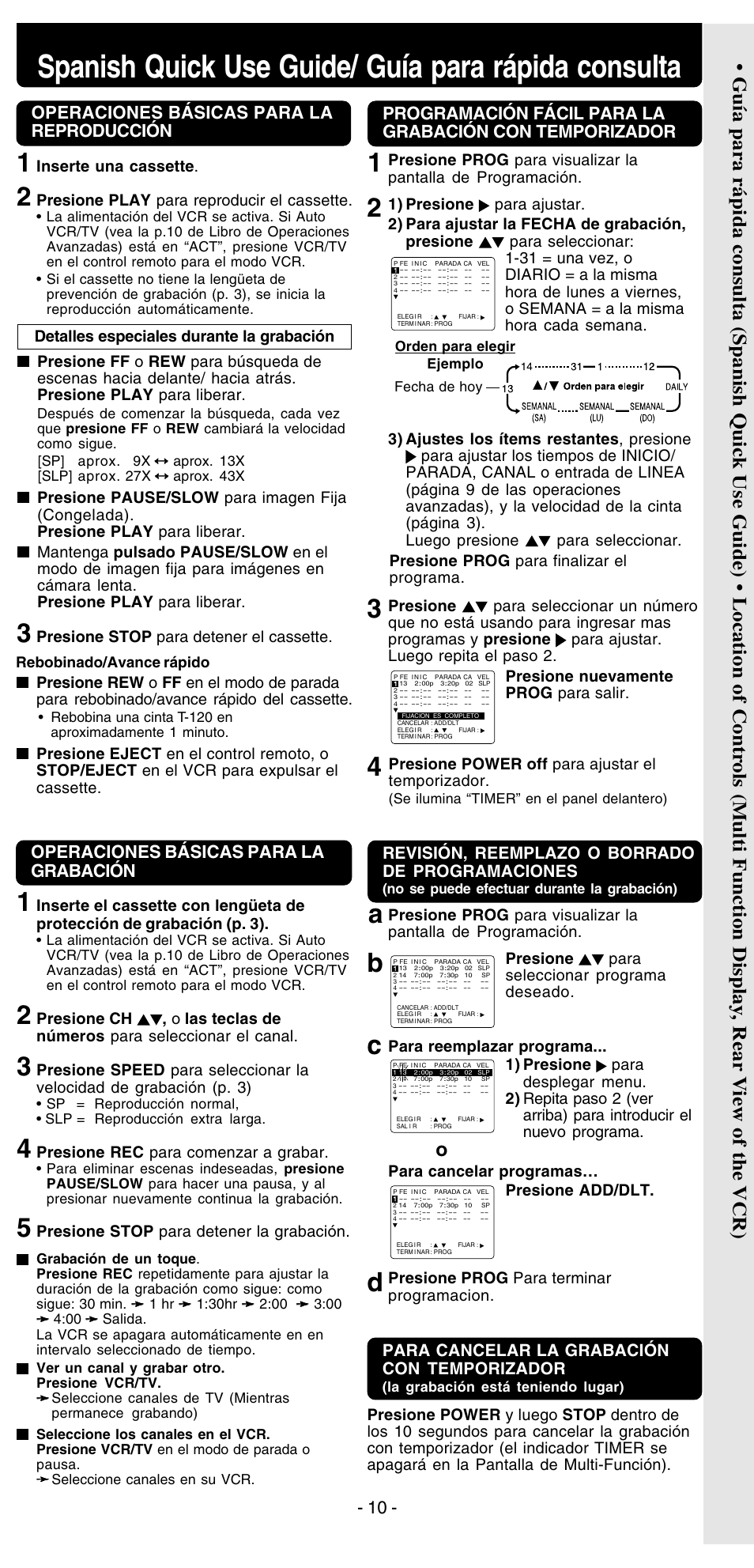 Spanish quick use guide/ guía para rápida consulta, Ab c, Operaciones básicas para la reproducción | Operaciones básicas para la grabación, Para cancelar la grabación con temporizador, Revisión, reemplazo o borrado de programaciones, Inserte una cassette, Presione play para reproducir el cassette, Presione stop para detener el cassette, Presione rec para comenzar a grabar | Panasonic PV-V4525S User Manual | Page 10 / 24