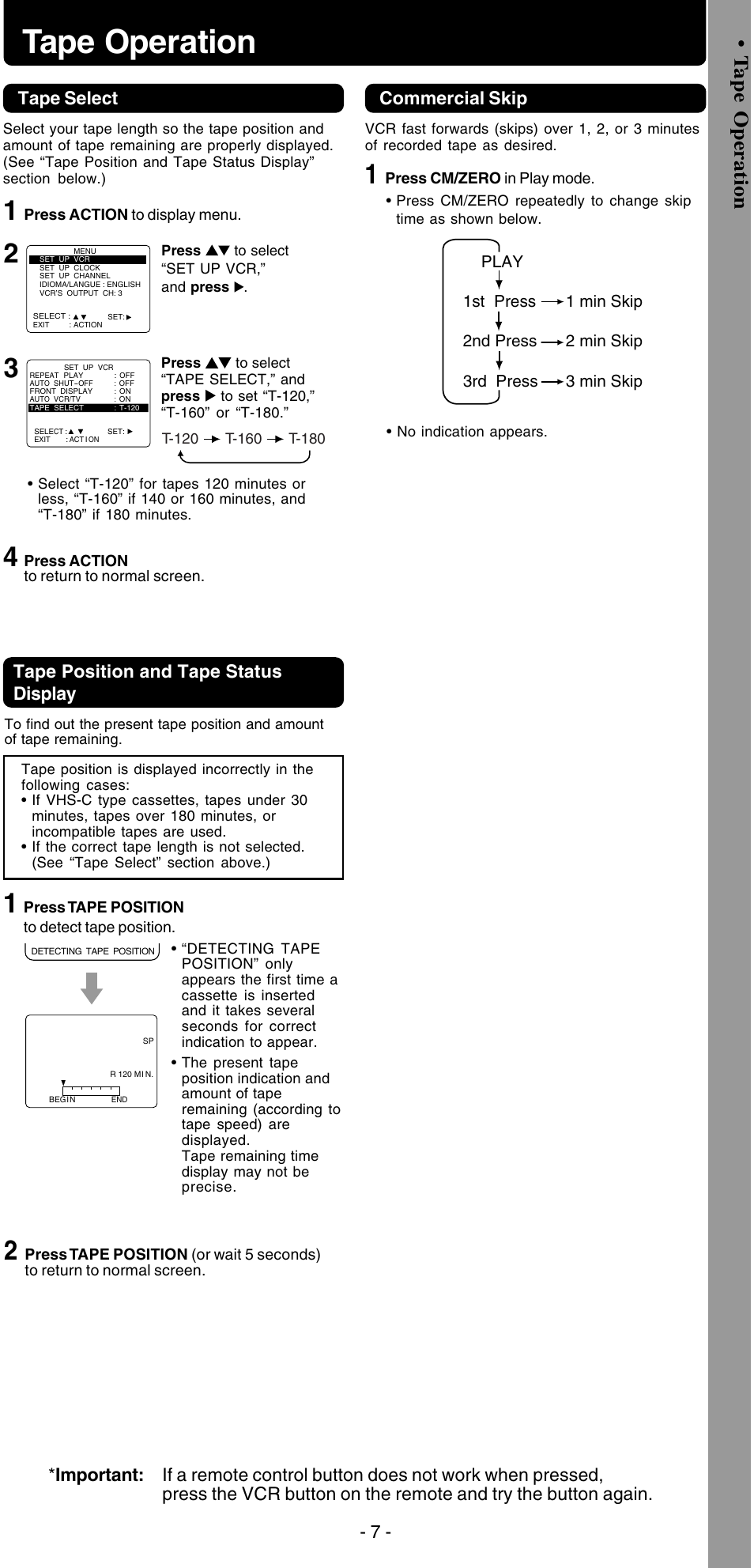 Tape operation, T a pe opera tion, Commercial skip | Tape position and tape status display | Panasonic PV-V4525S User Manual | Page 19 / 24