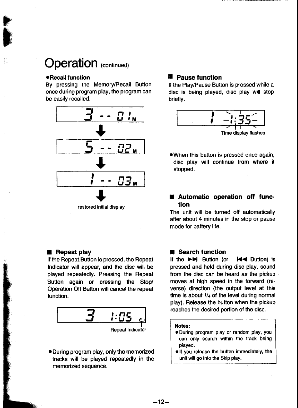 Recall function, Pause function, Automatic operation off function | Repeat play, Search function, Operation | Panasonic SL-XP300 User Manual | Page 12 / 17
