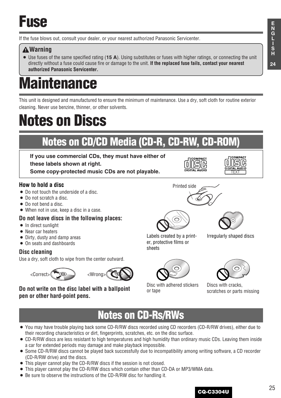 Fuse, Maintenance, Notes on discs | Panasonic CQ-C3304U User Manual | Page 25 / 32