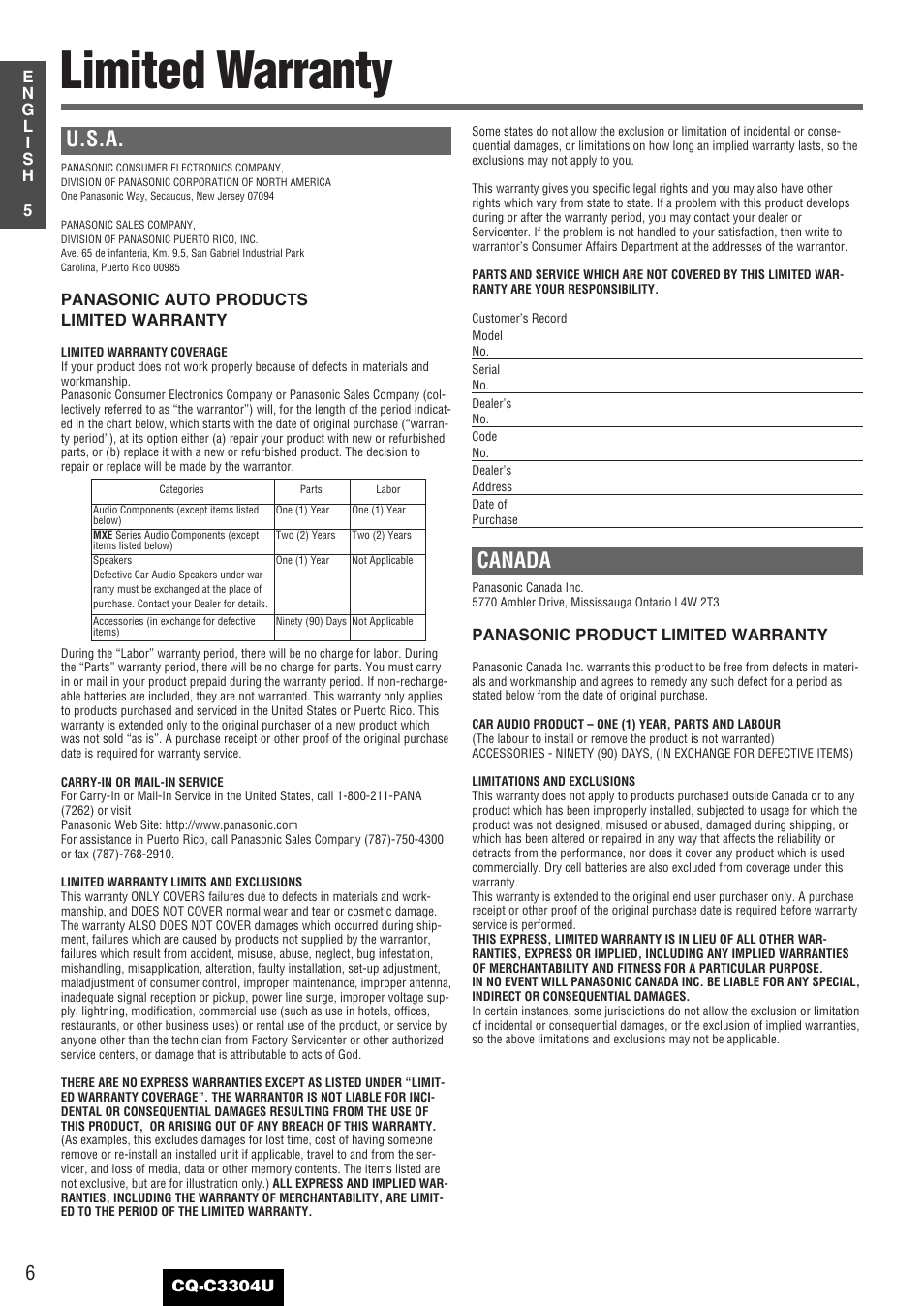 Limited warranty, U.s.a, Canada | Panasonic CQ-C3304U User Manual | Page 6 / 32