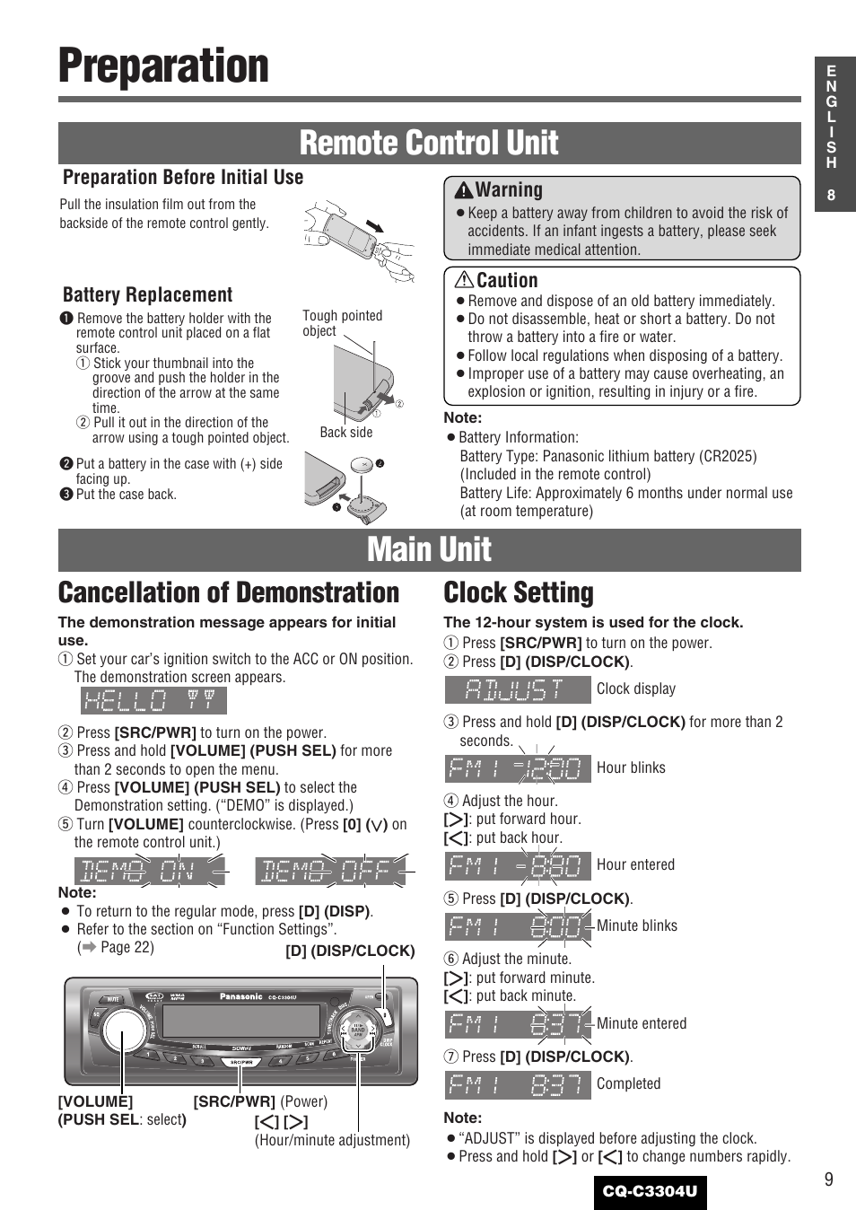 Preparation, Remote control unit main unit, Cancellation of demonstration clock setting | Warning, Caution, Preparation before initial use, Battery replacement | Panasonic CQ-C3304U User Manual | Page 9 / 32