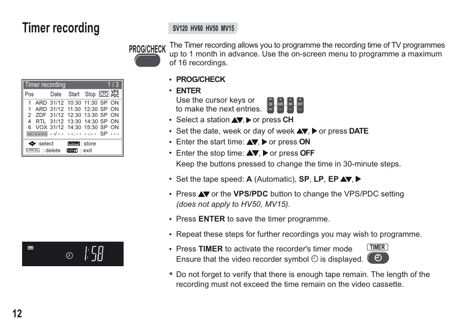 Timer recording, Prog/check | Panasonic NV-MV15 Series User Manual | Page 12 / 32