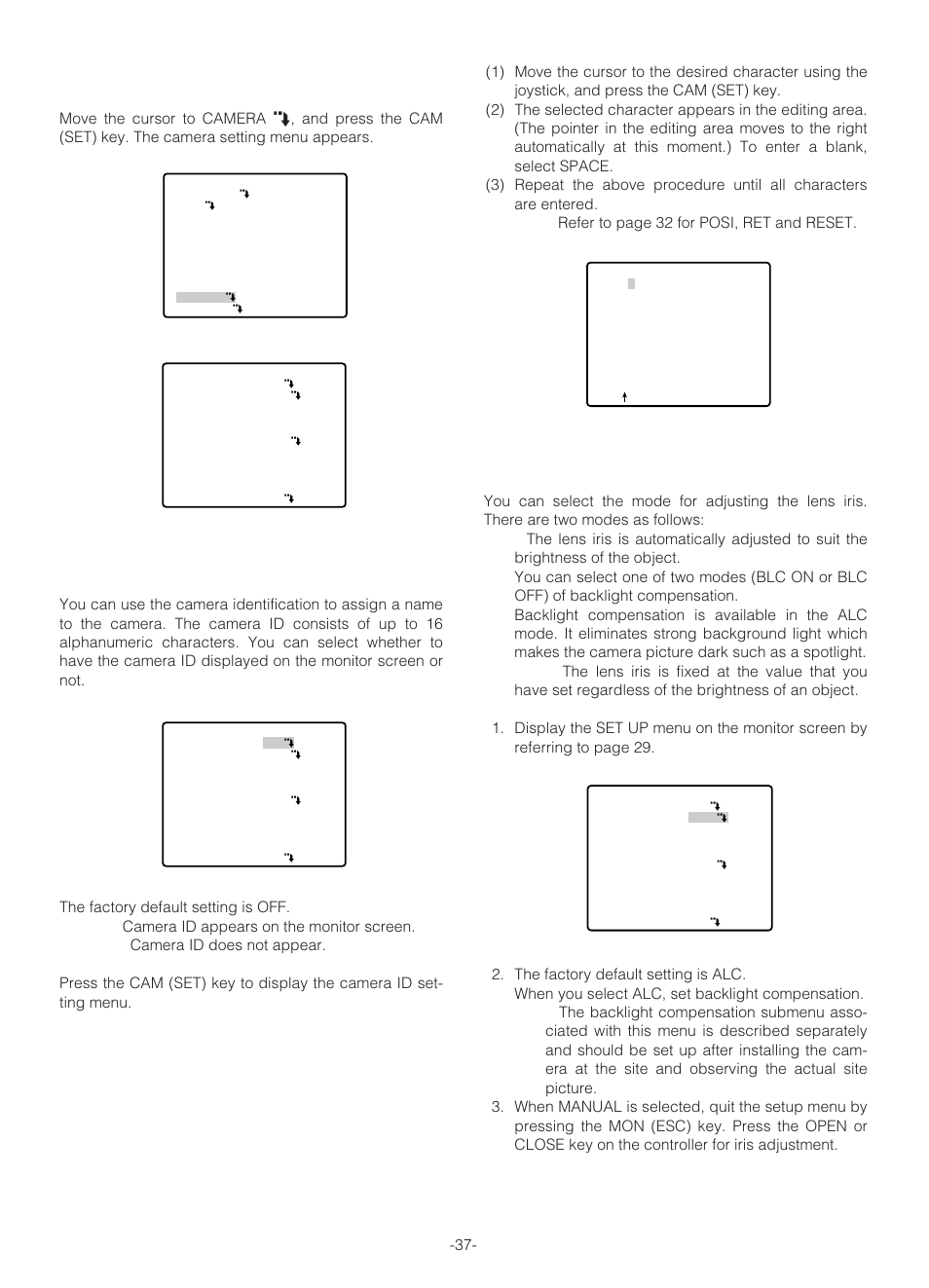 Camera setting, Camera identification (camera id), Light control setting (alc/manual) | Panasonic WV-NS324 User Manual | Page 36 / 64