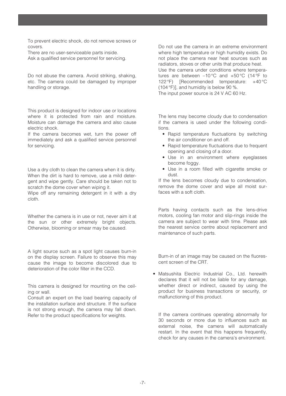 Precautions | Panasonic WV-NS324 User Manual | Page 7 / 64