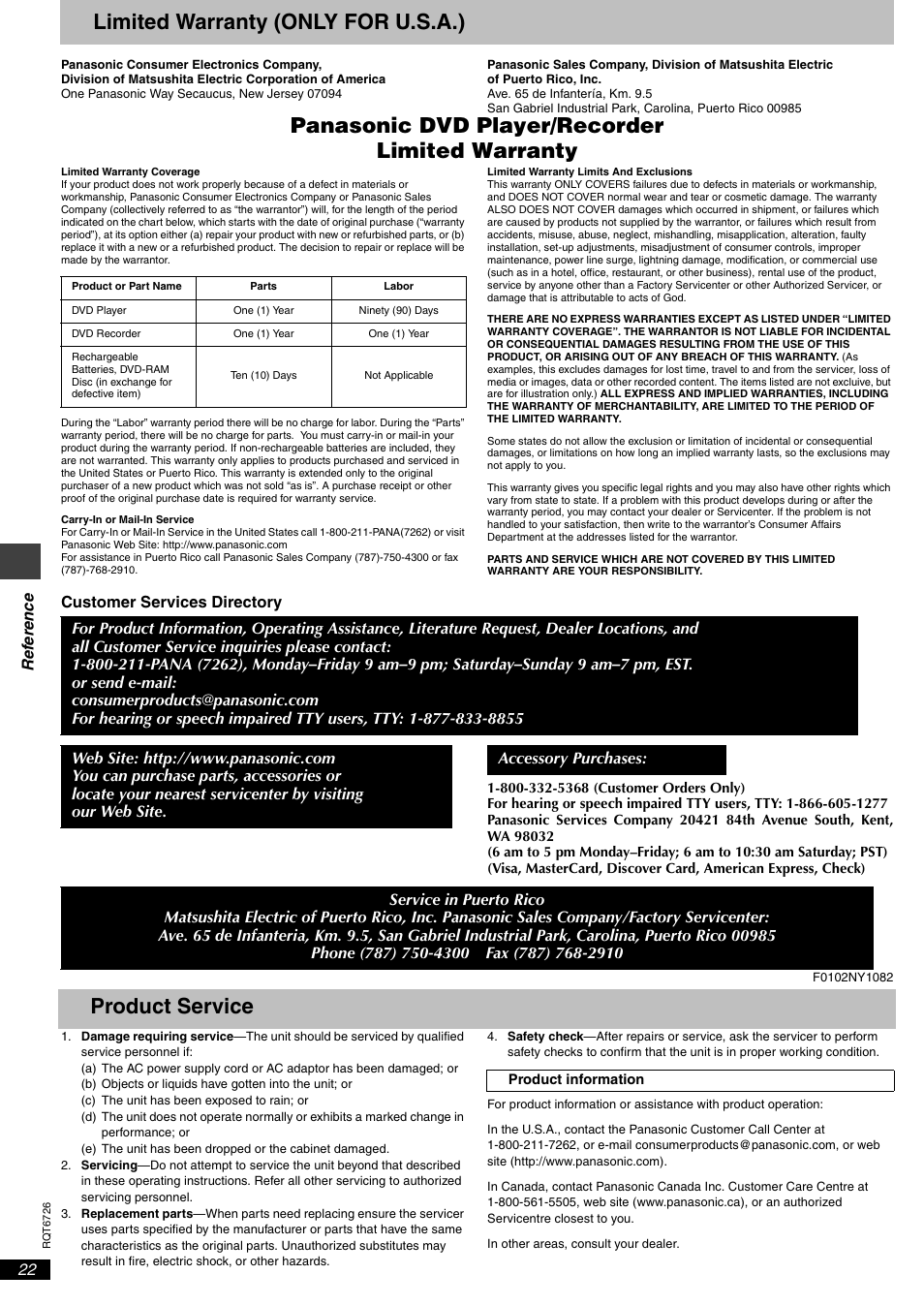 Limited warranty (only for u.s.a.), Product service, Panasonic dvd player/recorder limited warranty | Panasonic DVD-F65 User Manual | Page 22 / 24