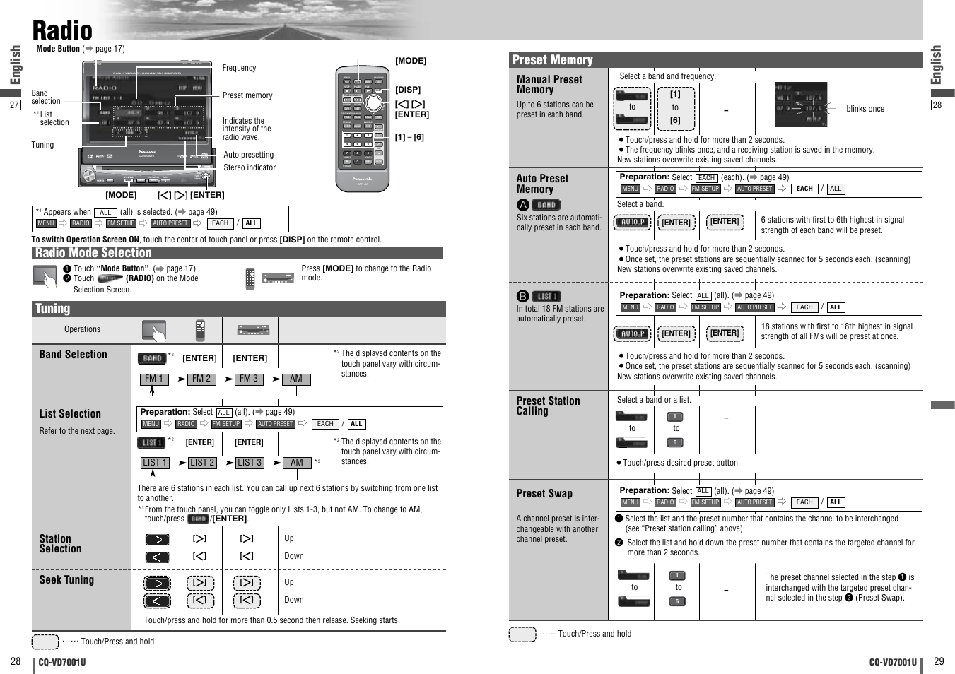 Radio, Enter, Open / close | Text, Dvd vtr radio ch-c end, English, Radio mode selection, Band selection list selection, Station selection seek tuning, Preset station calling | Panasonic CQ-VD7001U User Manual | Page 15 / 93