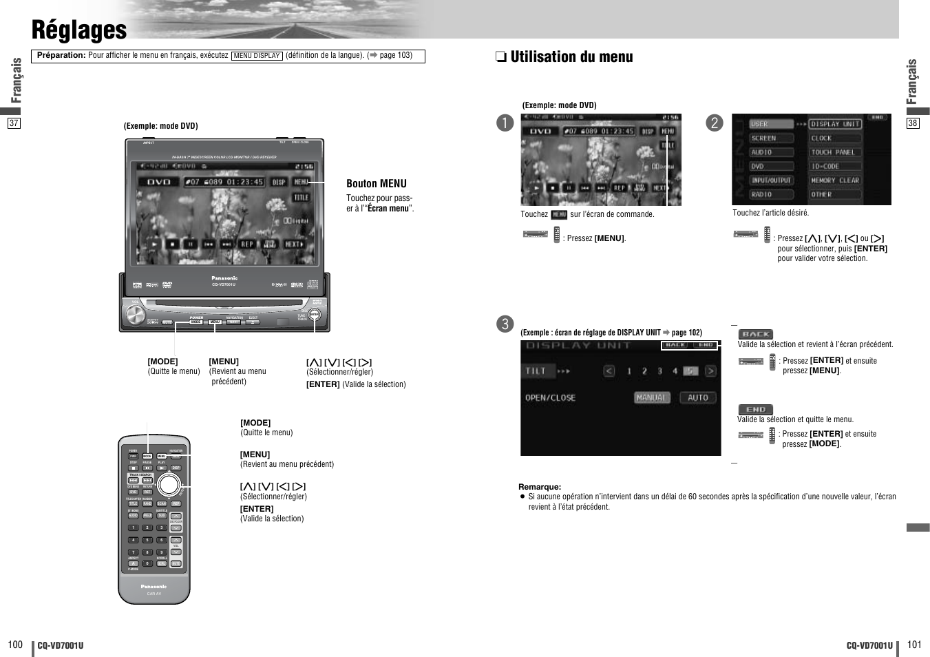 Reglages, Réglages, Utilisation du menu | Text, Français, Bouton menu | Panasonic CQ-VD7001U User Manual | Page 51 / 93