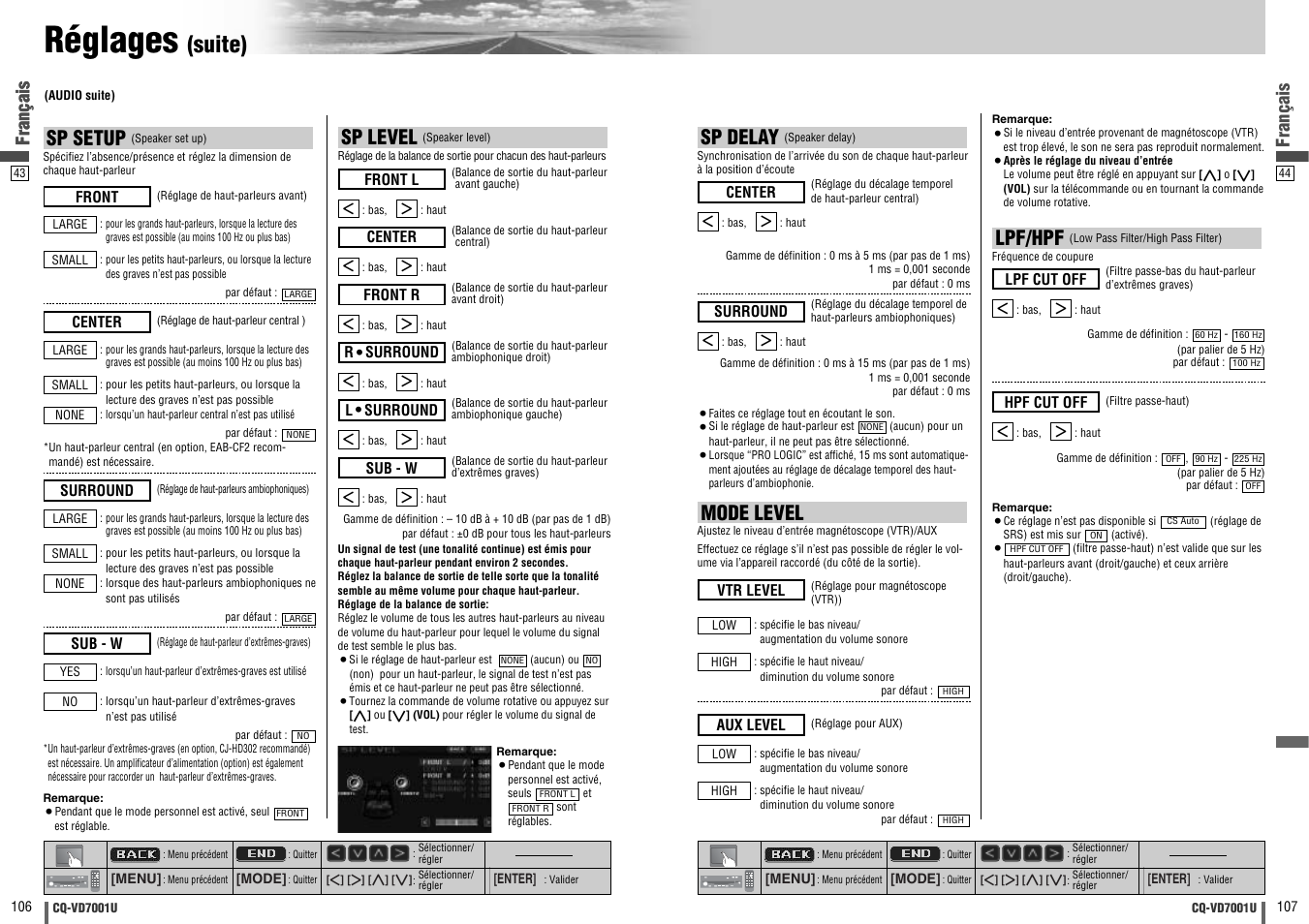 Réglages, Suite), Lpf/hpf | Sp delay, Mode level, Sp level, Sp setup, Français | Panasonic CQ-VD7001U User Manual | Page 54 / 93