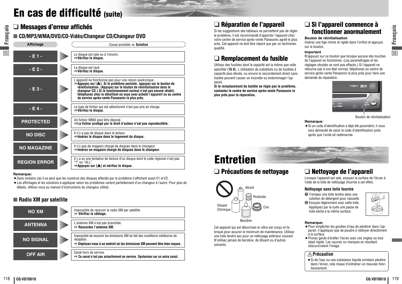Entretien, En cas de difficulté, Suite) | Messages d’erreur affichés, Réparation de l’appareil, Remplacement du fusible, Si l’appareil commence à fonctionner anormalement, Nettoyage de l’appareil, Précautions de nettoyage, Français | Panasonic CQ-VD7001U User Manual | Page 60 / 93