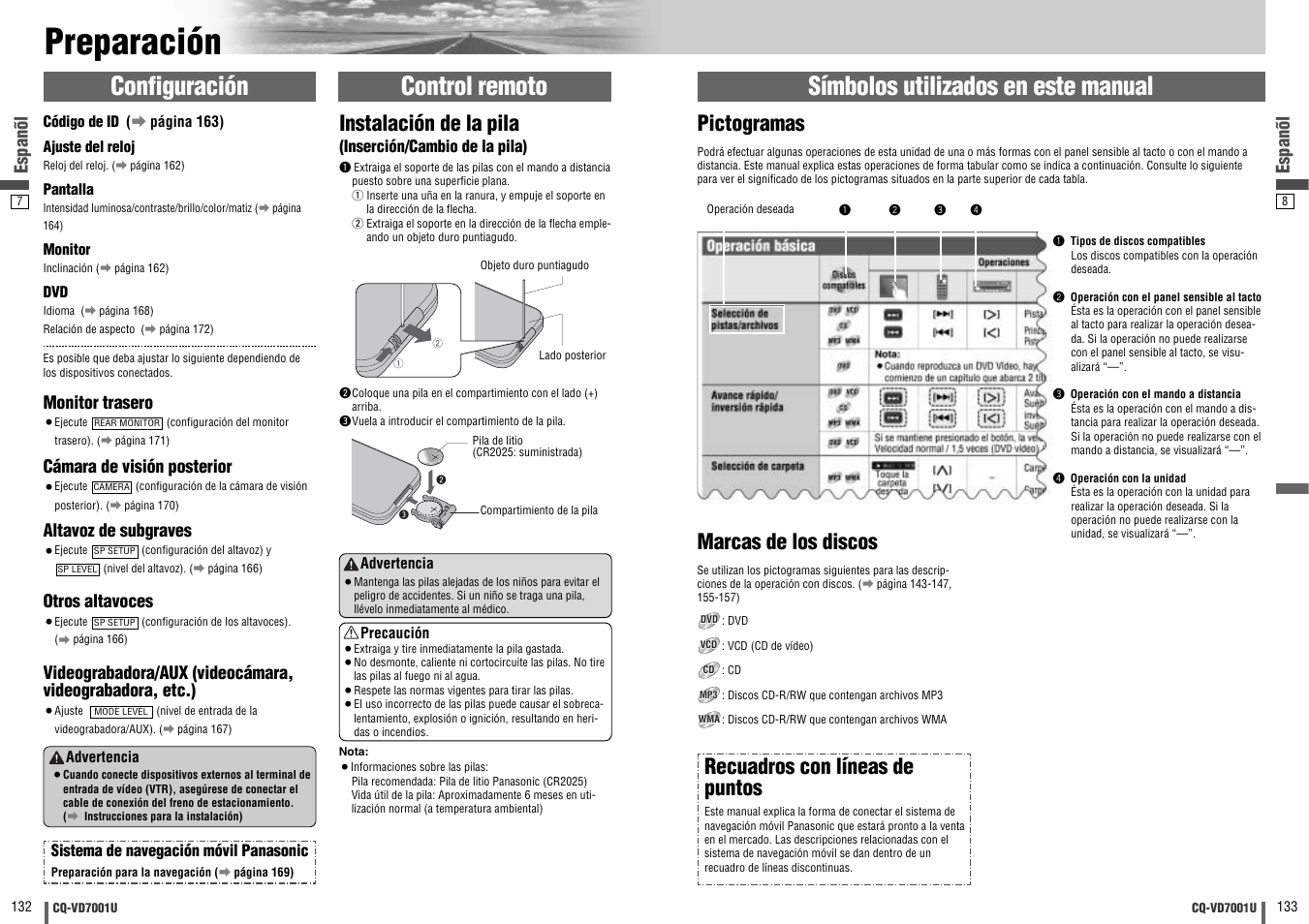 Preparacion, Preparación, Pictogramas | Marcas de los discos, Recuadros con líneas de puntos, Instalación de la pila, Espanõl | Panasonic CQ-VD7001U User Manual | Page 67 / 93