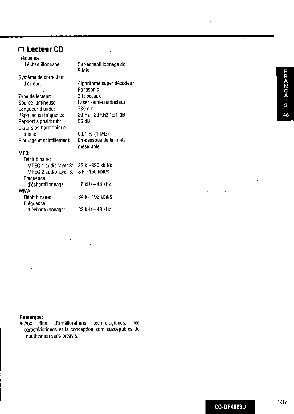 Lecteur cd, Remarque | Panasonic CQ-DFX883U User Manual | Page 107 / 156