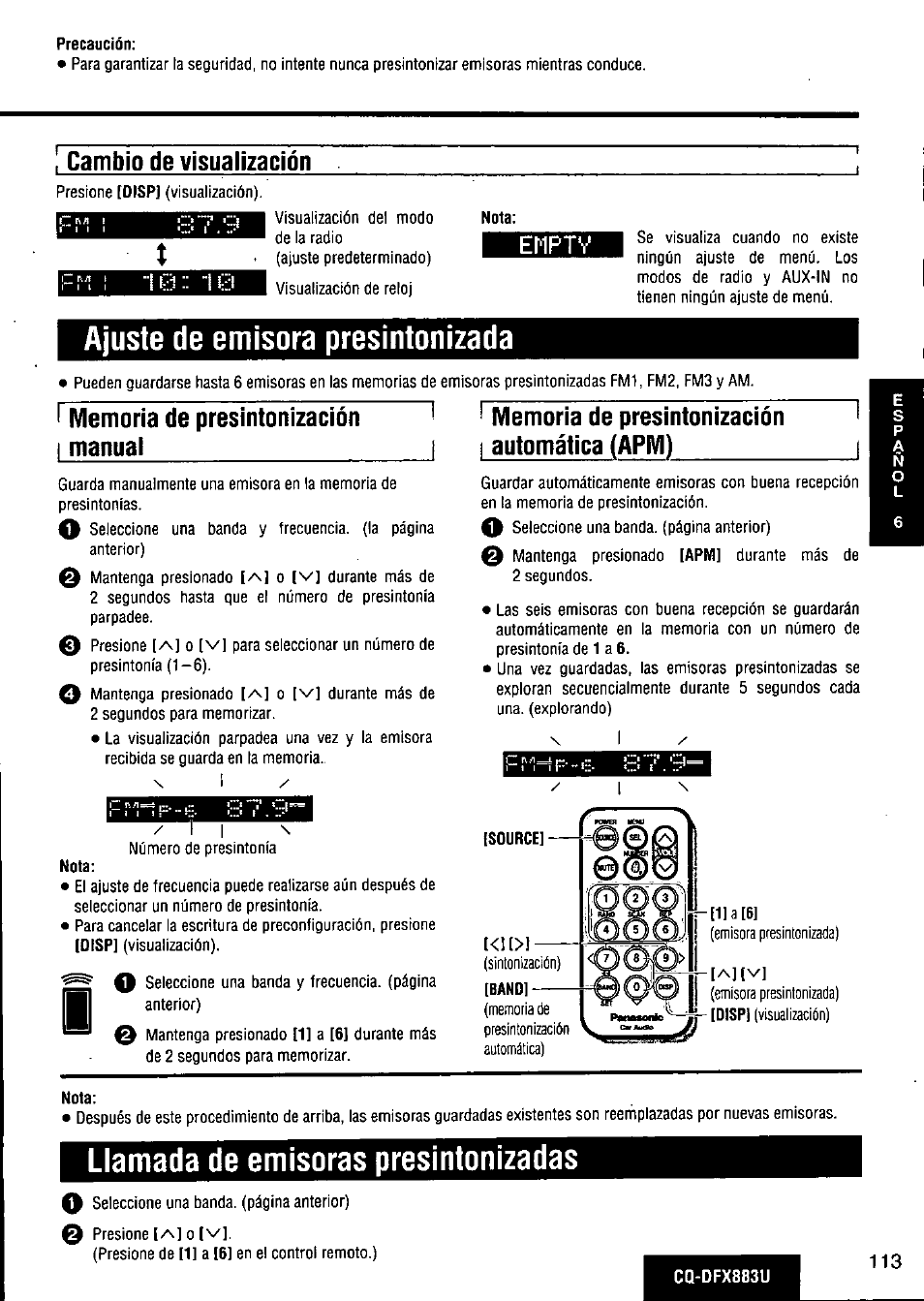 Emptv, Ajuste de emisora presintonízada, Llamada de emisoras presintonizadas | Llamada de emisoras presintonizadas 0, I cambio de visualización, Automática (арм) | Panasonic CQ-DFX883U User Manual | Page 113 / 156