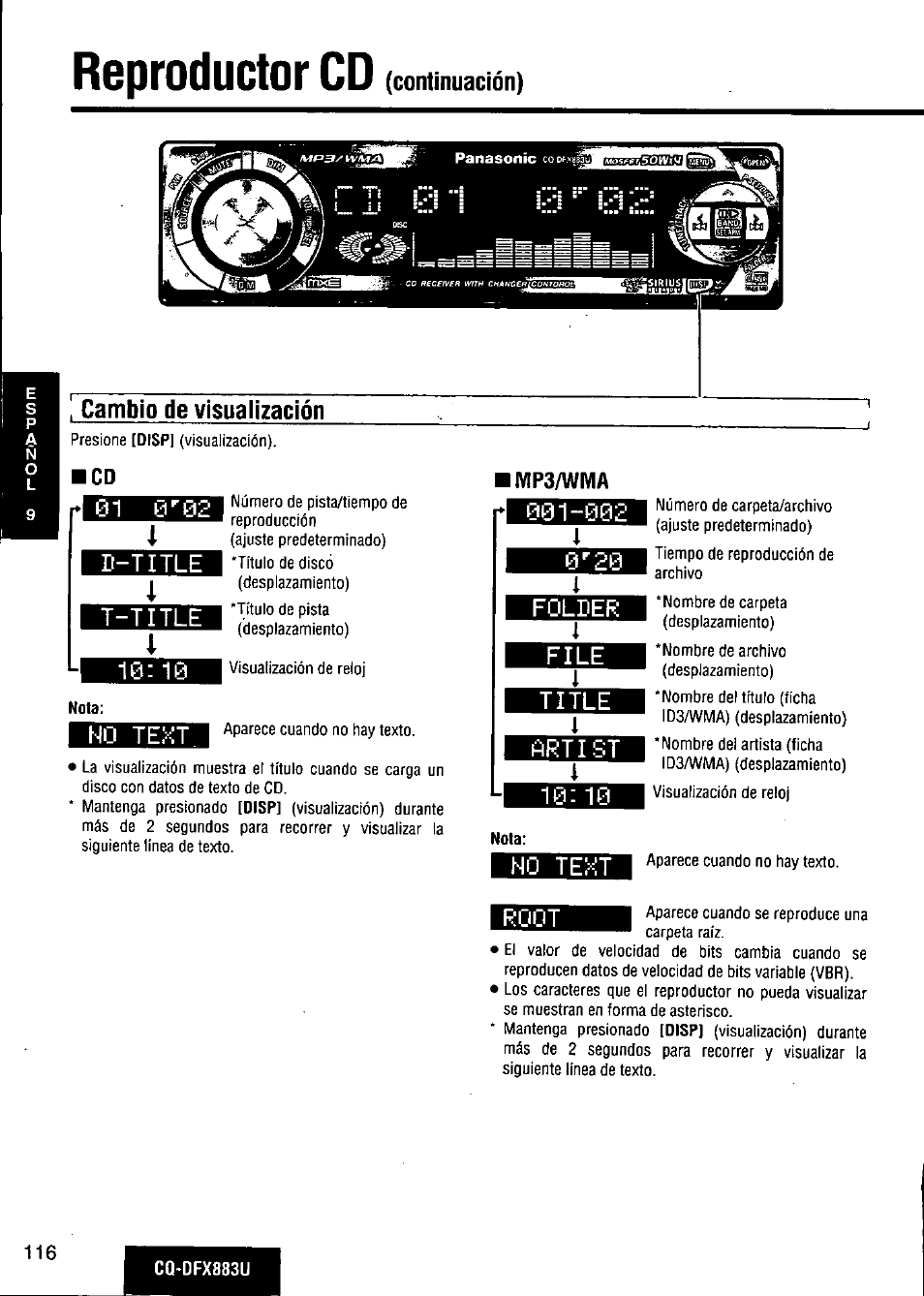 Mp3/wma, Reproductor cd, Cambio de visualización | Continuación) | Panasonic CQ-DFX883U User Manual | Page 116 / 156