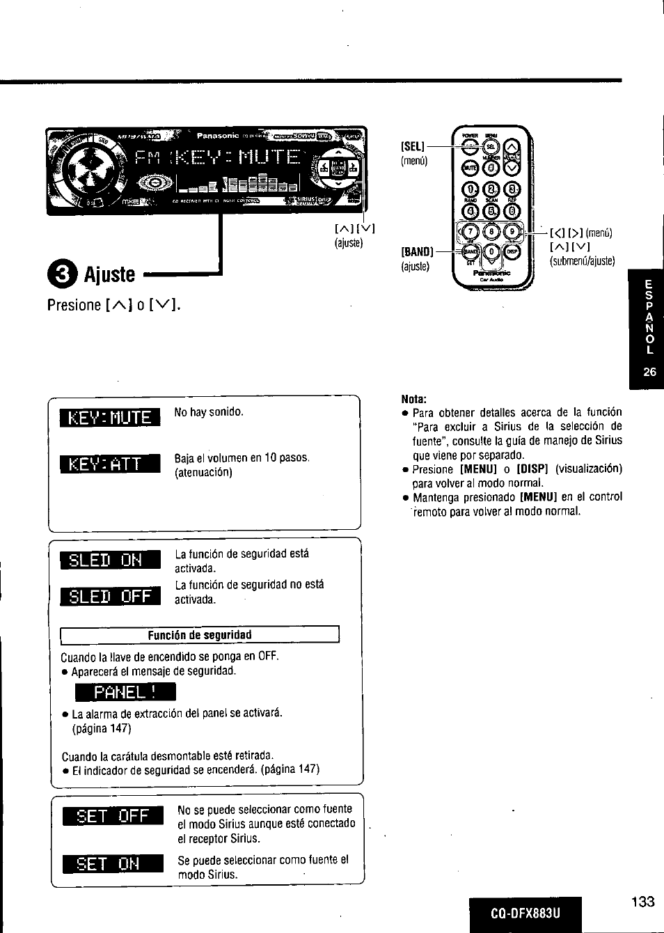 Presione [^1 о [v, Sled оы, Sled off | Función de seguridad, Pñhel, Set off, Set on, Nota, Ajuste | Panasonic CQ-DFX883U User Manual | Page 133 / 156