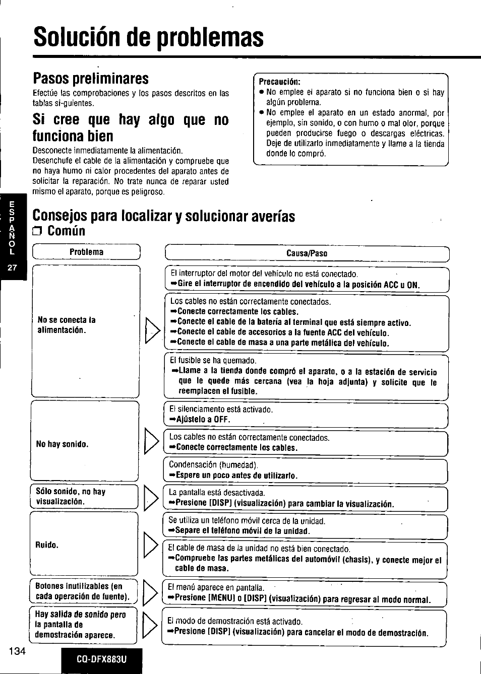 Pasos preliminares, Si cree que hay algo que no funciona bien, Solución de problemas | Consejos para localizar y solucionar averías | Panasonic CQ-DFX883U User Manual | Page 134 / 156