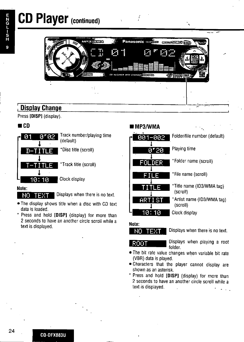 D-title, T-title, Ho text | Mp3/wma, Folder, File, Title, Artist, No text, Root | Panasonic CQ-DFX883U User Manual | Page 24 / 156