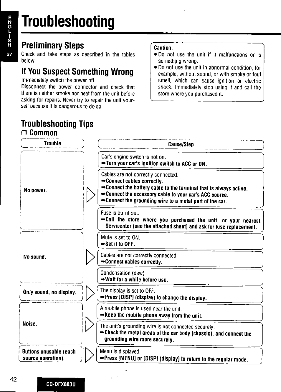 Preliminary steps, If you suspect something wrong, Troubleshooting tips □ common | Troubleshooting | Panasonic CQ-DFX883U User Manual | Page 42 / 156