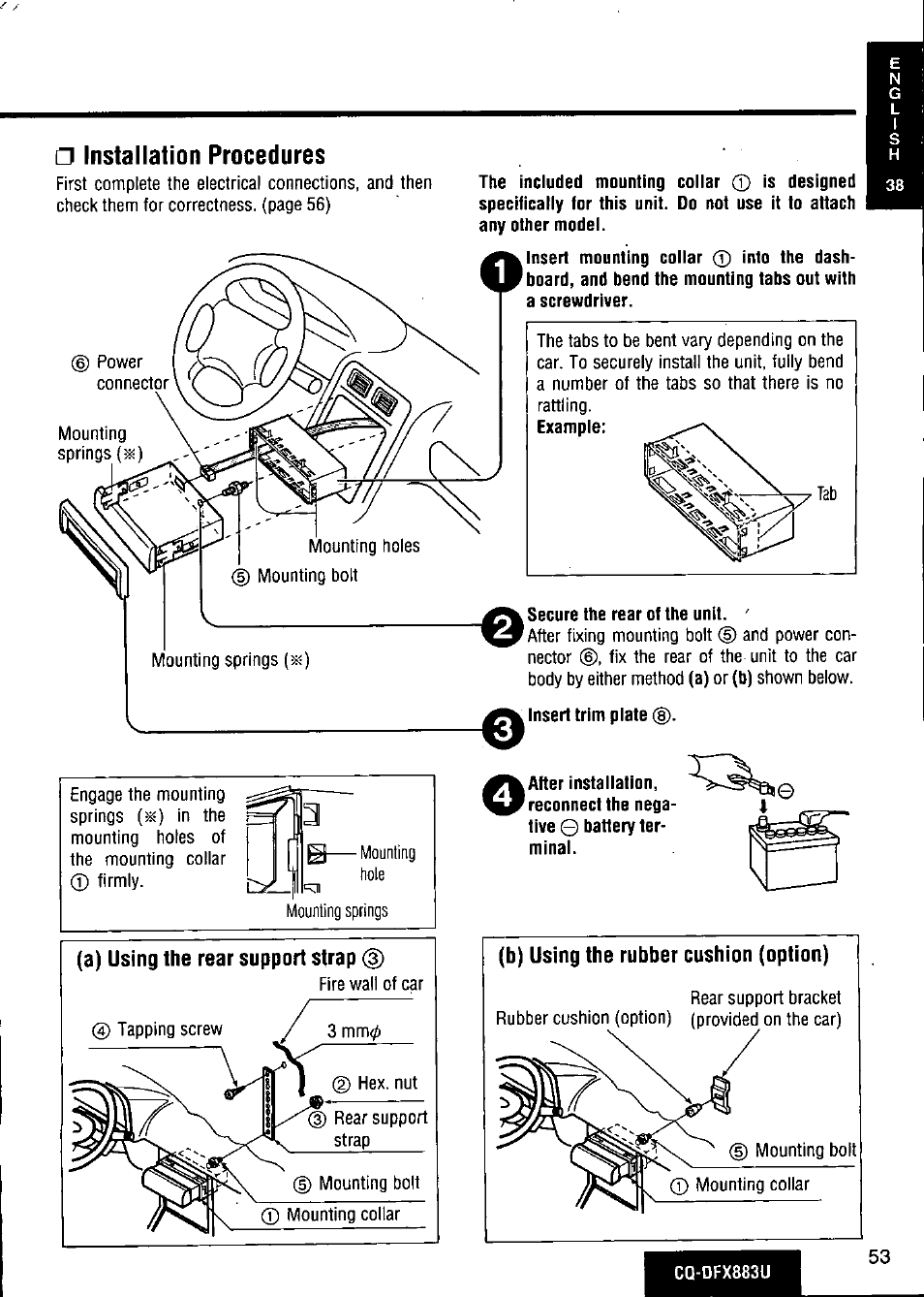 Installation procedures, A) using the rear support strap (3), Secure the rear of the unit | Insert trim plate 0, After installation, B) using the rubber cushion (option) | Panasonic CQ-DFX883U User Manual | Page 53 / 156