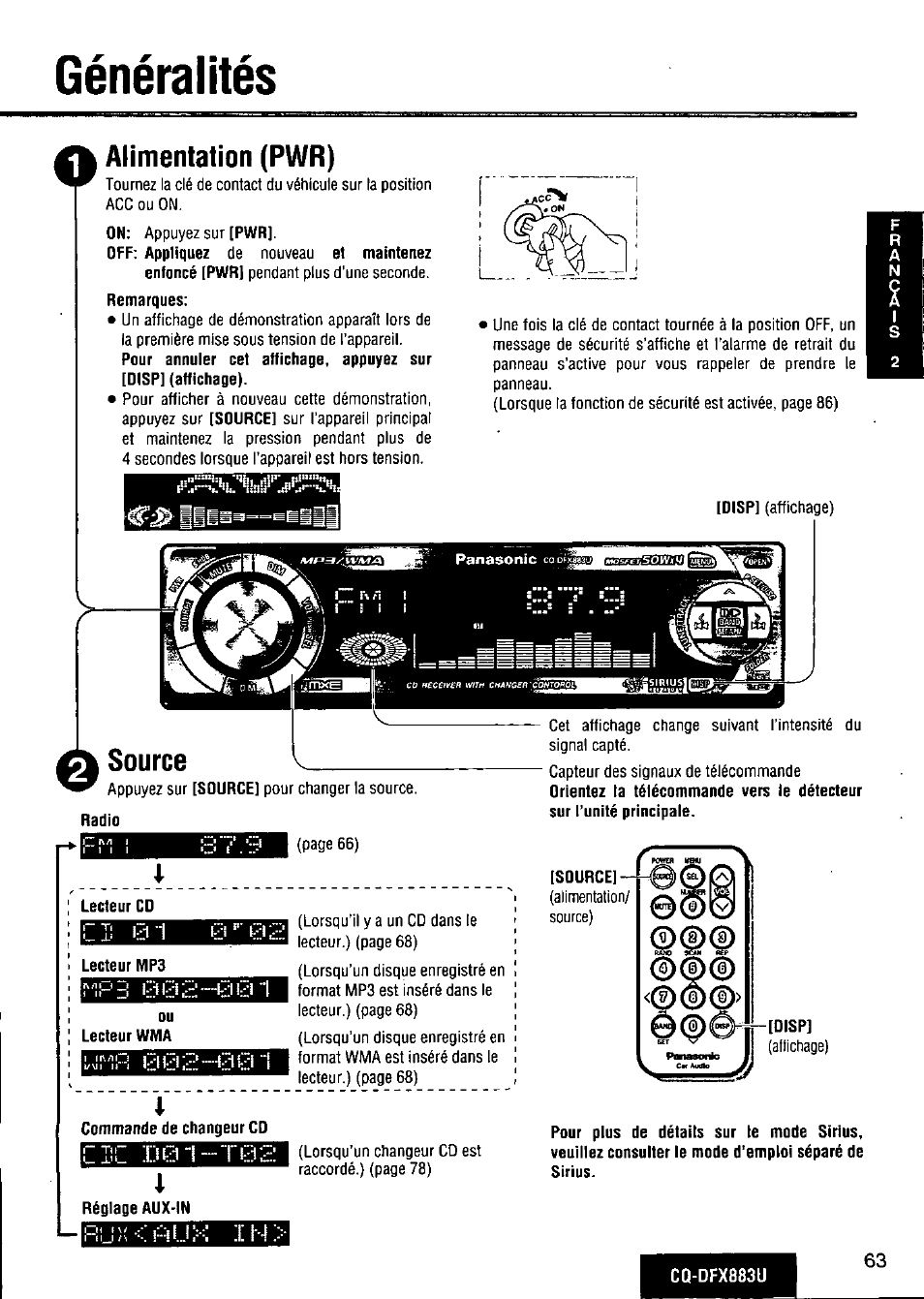 Généralités, Alimentation (pwr), Lecteur cd | Lecteur mp3, Commande de changeur cd, Réglage aux-in, Source | Panasonic CQ-DFX883U User Manual | Page 63 / 156