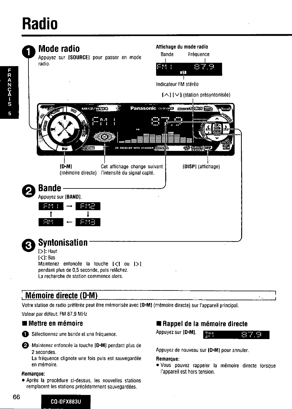 Radio, Mode radio, Bande | Iviémoire directe (d-ivi), Mettre en mémoire, Remarque, Radio o, Syntonisation | Panasonic CQ-DFX883U User Manual | Page 66 / 156