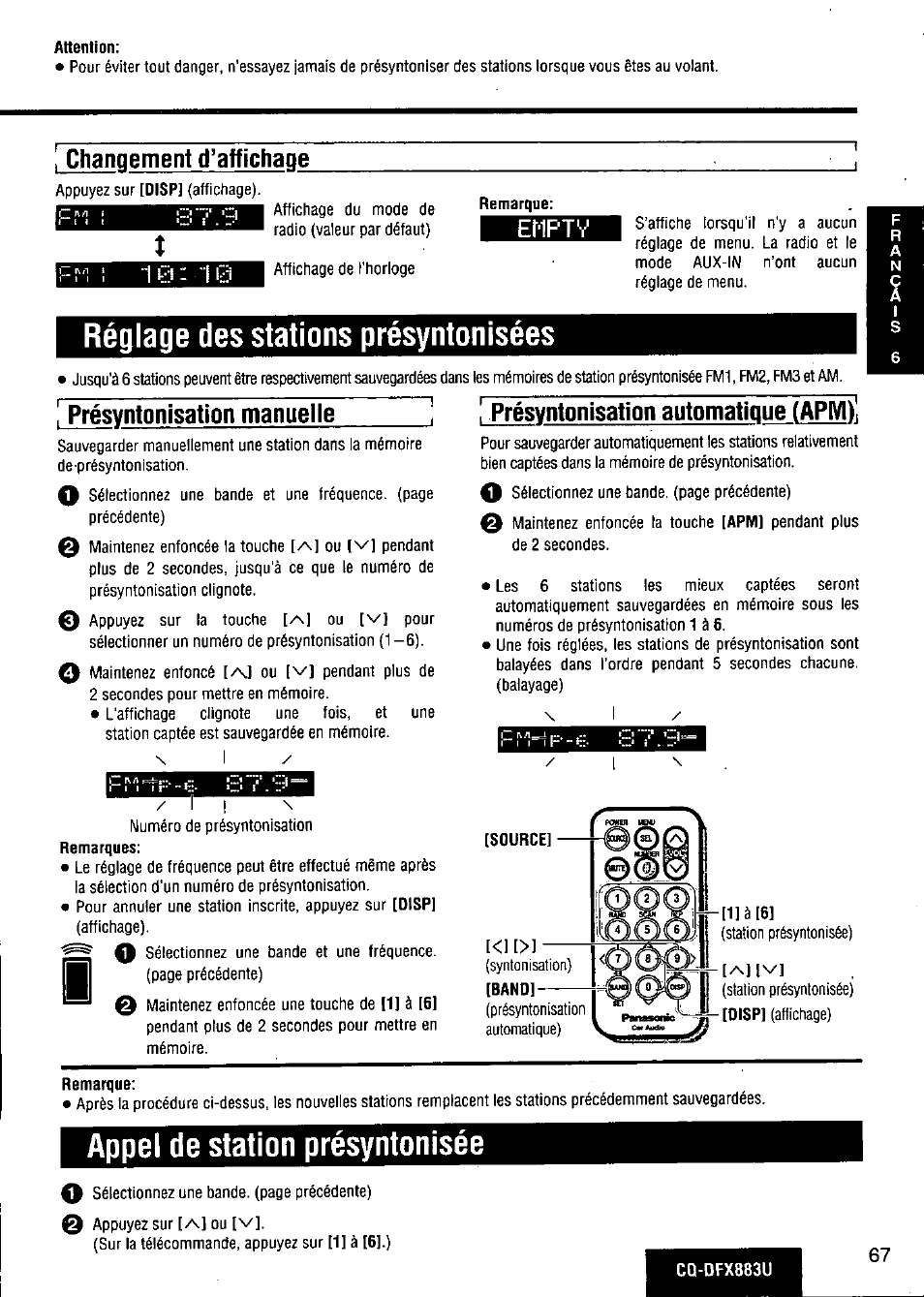 Changement d’affichaqê, Emptv, Réglage des stations présyntonisées | Rptésyntonisation automatique (ар1уп, Présyntonisation manuelle, Appel de station présyntonisée | Panasonic CQ-DFX883U User Manual | Page 67 / 156