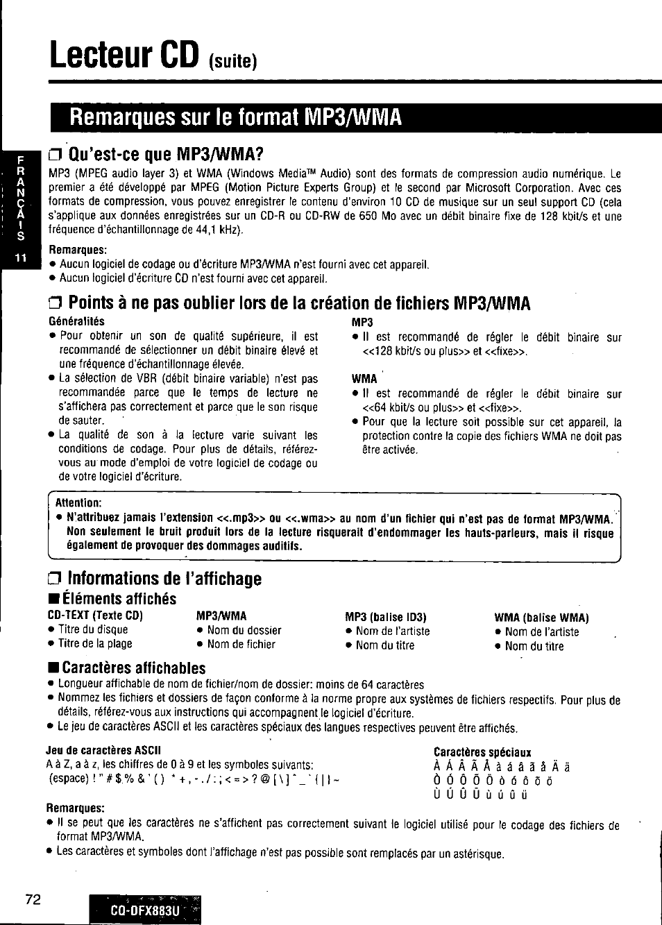 Remarques sur le format mp3/wivia, Qu’est-ce que mp3/wma, Attention | Informations de l’affichage, Jeu de caractères ascii, Remarques, Lecteur cd, Suite) | Panasonic CQ-DFX883U User Manual | Page 72 / 156