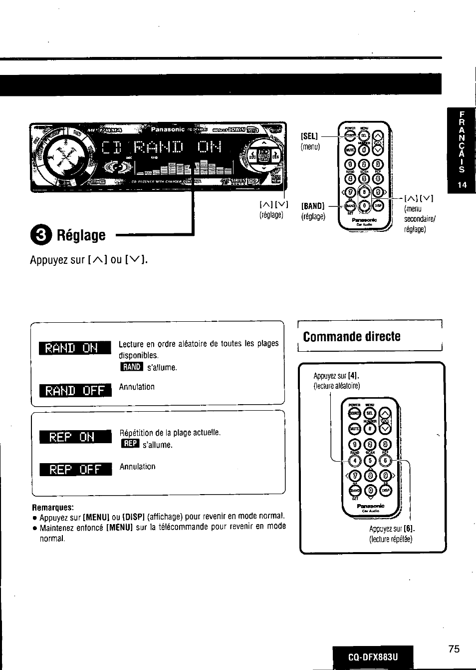 E réglage, Appuyez sur [/v] ou [v, Rand on | Rand off, Rep on, Rep off, Commande directe, Réglage | Panasonic CQ-DFX883U User Manual | Page 75 / 156