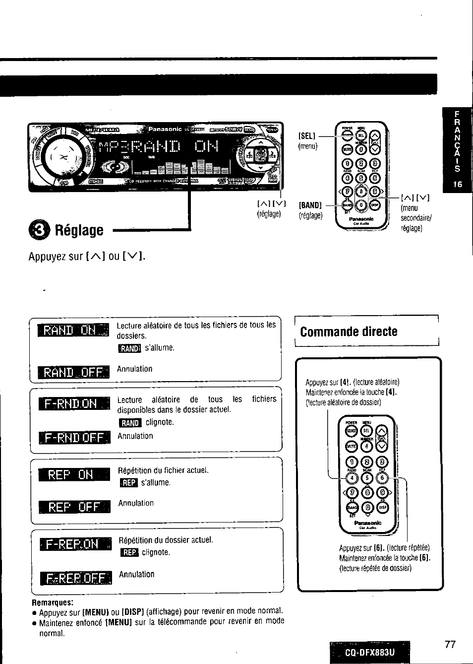 Réglage, Appuyez sur [/v] ou [v, Rand ofr | Rep oh, Rep off, Remarques, Commande directe, Rep oh rep off, F-rhdoh : ■ f-rhdoff | Panasonic CQ-DFX883U User Manual | Page 77 / 156