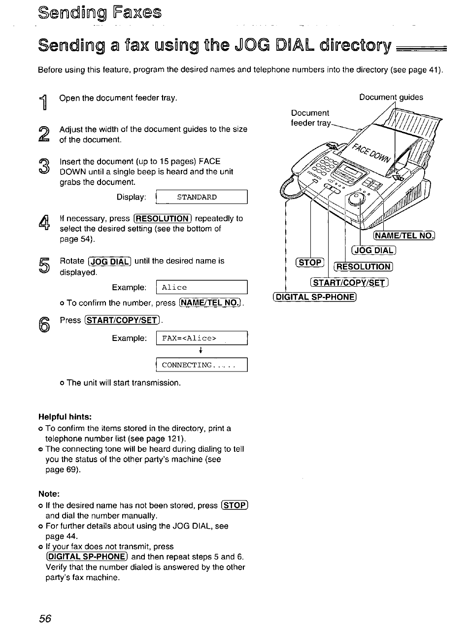 Sending] faxes, Sending a fax using the jog dial directory, Name/tel n0^ [ jog dial | Start/copy/set 1 [digital sp-phone | Panasonic Compact Plain Paper FAX KX-FP270 User Manual | Page 56 / 144