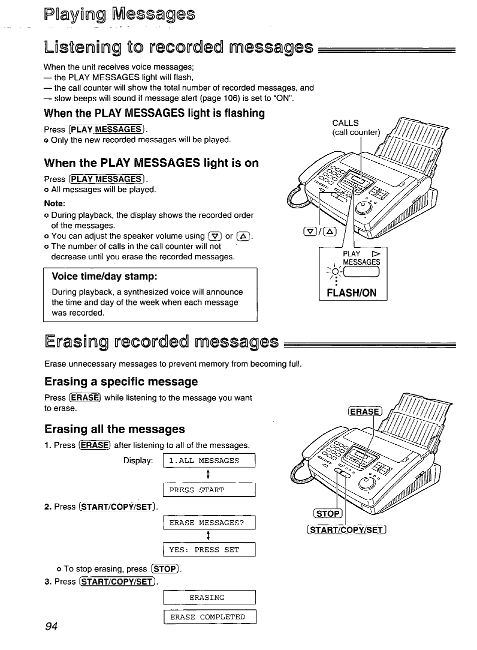 Playing livlessages, Listening to recoirdledl messages, When the play messages light is flashing | When the play messages light is on, Note, Voice time/day stamp, Erasing irecoirdled messages, Erasing a specific message, Erasing all the messages, Erasing recorded messages | Panasonic Compact Plain Paper FAX KX-FP270 User Manual | Page 94 / 144