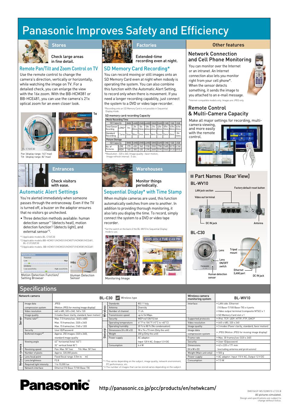 Panasonic improves safety and efficiency, Specifications, Remote control & multi-camera capacity | Remote pan/tilt and zoom control on tv, Other features, Stores, Factories, Warehouses, Entrances, Part names [rear view | Panasonic BL-MS102 User Manual | Page 2 / 4