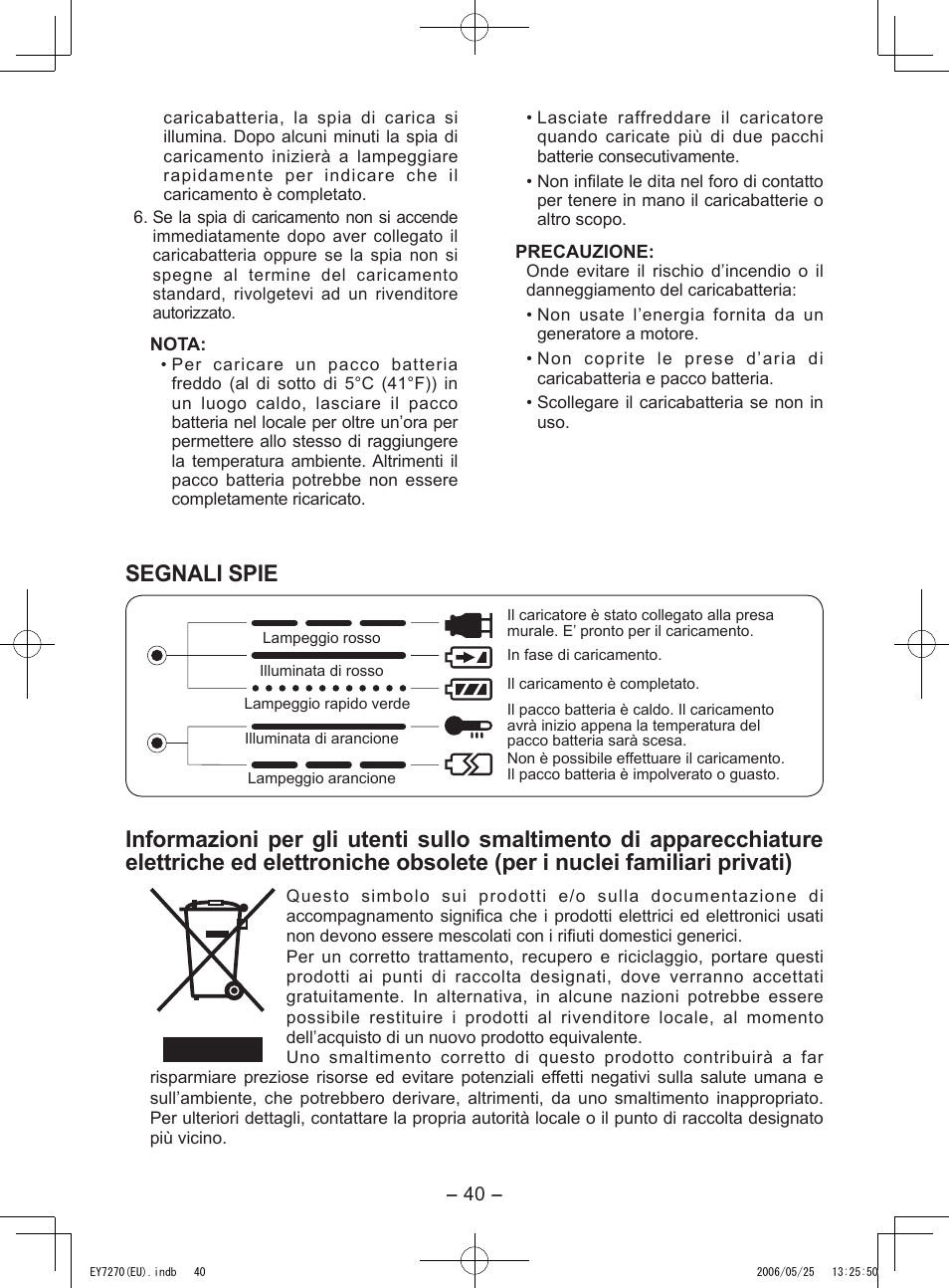 Segnali spie | Panasonic EY7270 User Manual | Page 40 / 120