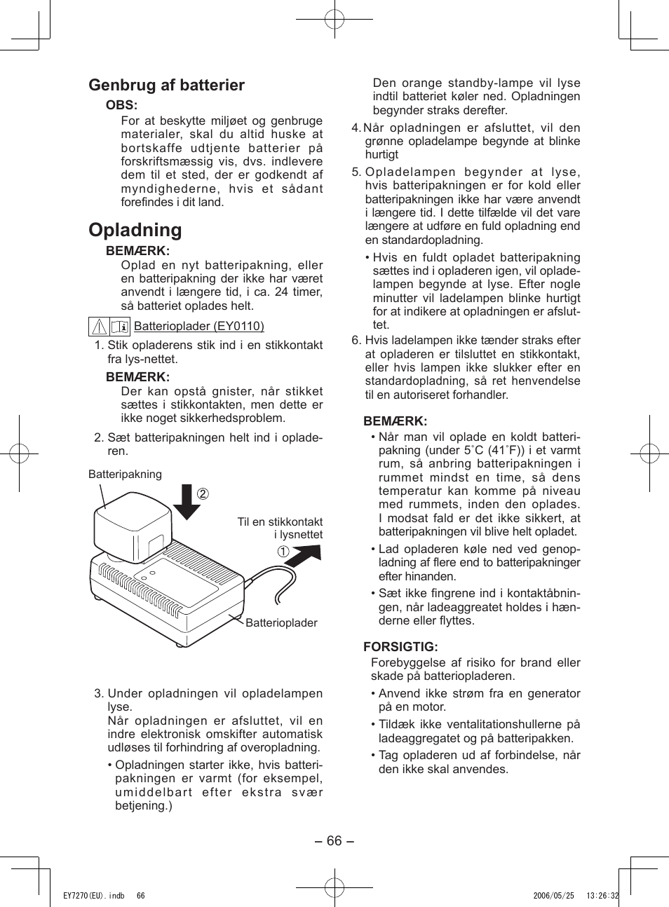 Opladning, Genbrug af batterier | Panasonic EY7270 User Manual | Page 66 / 120